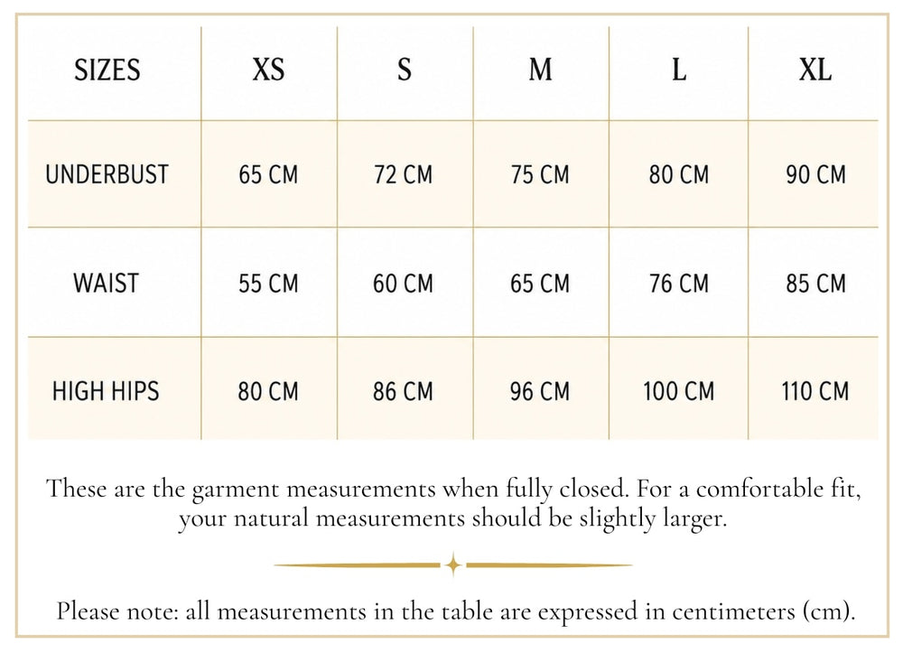 Corsets size chart